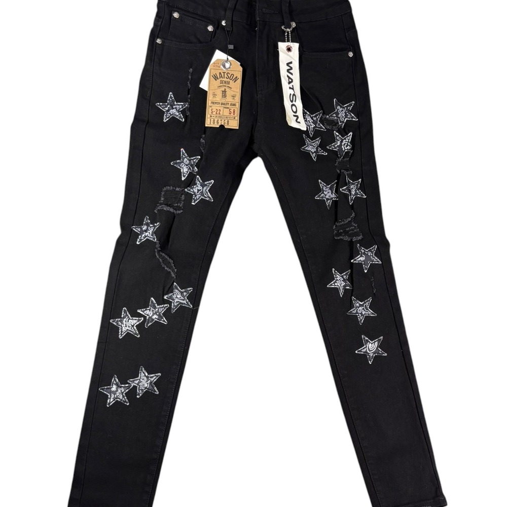 Watson Straight Leg Jeans Mens 28 Black Denim Rockstar Distressed Star Patch